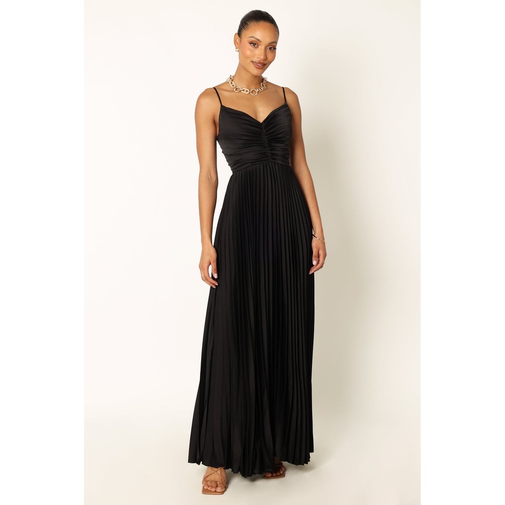 New! Petal & Pup Naira Pleated Satin Maxi Dress Black Size 2
